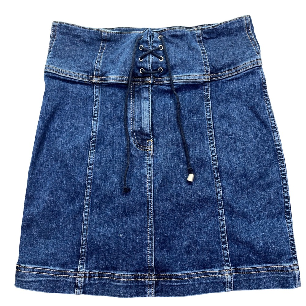 Free People Denim Mini Skirt Lace Up Dark Wash Casual Sz 6 Fits 26" Grunge Y2K‎
